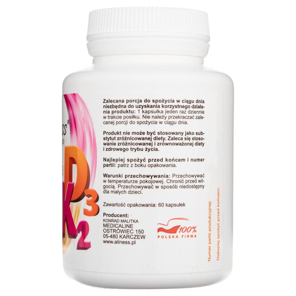 Aliness Vitamin K2 MK-7 100 mcg with Natto D3 - 60 Capsules